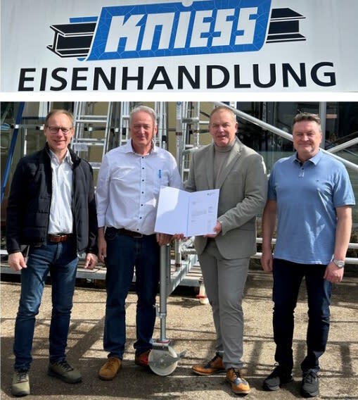 v.l.: German Krippner (Prokurist), Christian Kniess (Geschäftsführer), Andreas Gärtner (Bezirksgeschäftsführer HBE Schwaben), Wolfgang Niehs ( Prokurist, Vertrieb Stahlhandel)